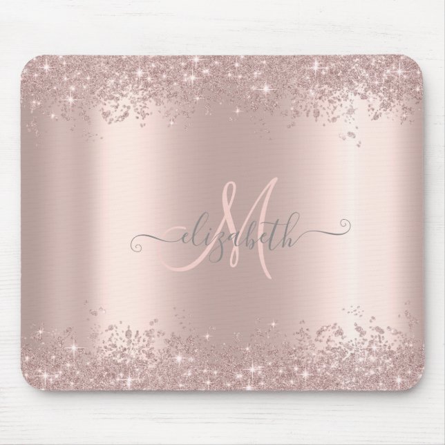 Mousepad Poeira de Brilho Prata Moderno Rosa Dourado Monogr (Frente)