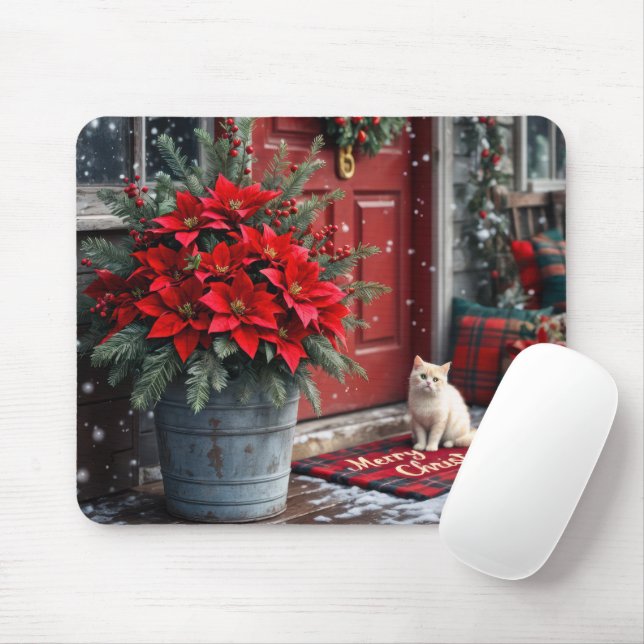 Mousepad Poinsettias de Natal e Gato Branco (Com mouse)