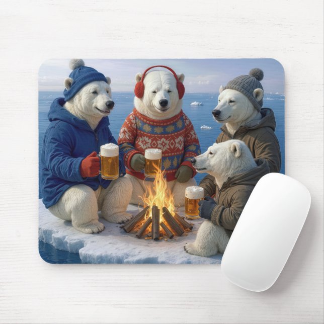 Mousepad Polar Bear Drinking Around a Campfire  (Com mouse)