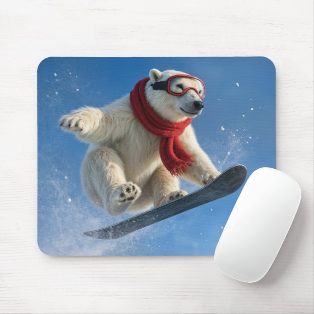 Mousepad Polar Bear Mid-air on a Snowboard (Com mouse)