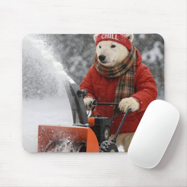 Mousepad Polar Bear Pushing a Snowblower (Com mouse)