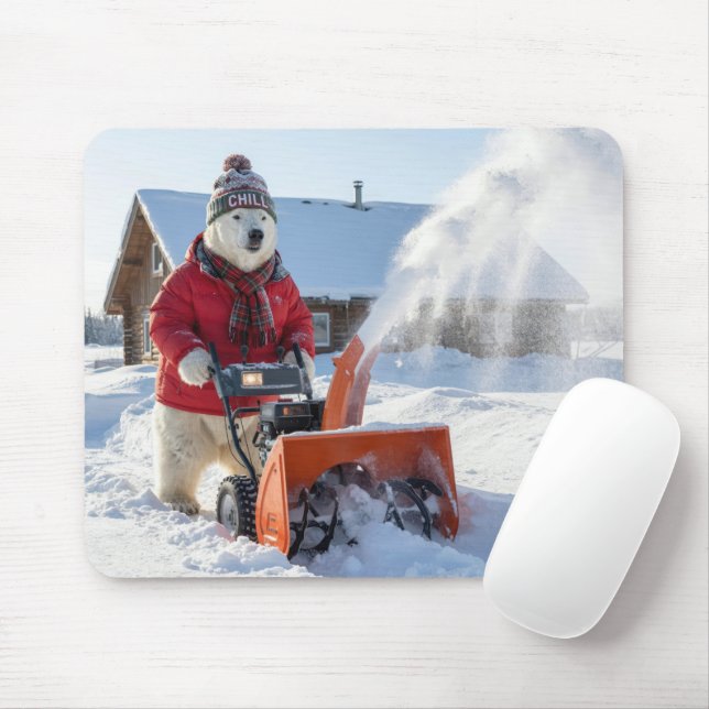 Mousepad Polar Bear Pushing a Snowblower (Com mouse)