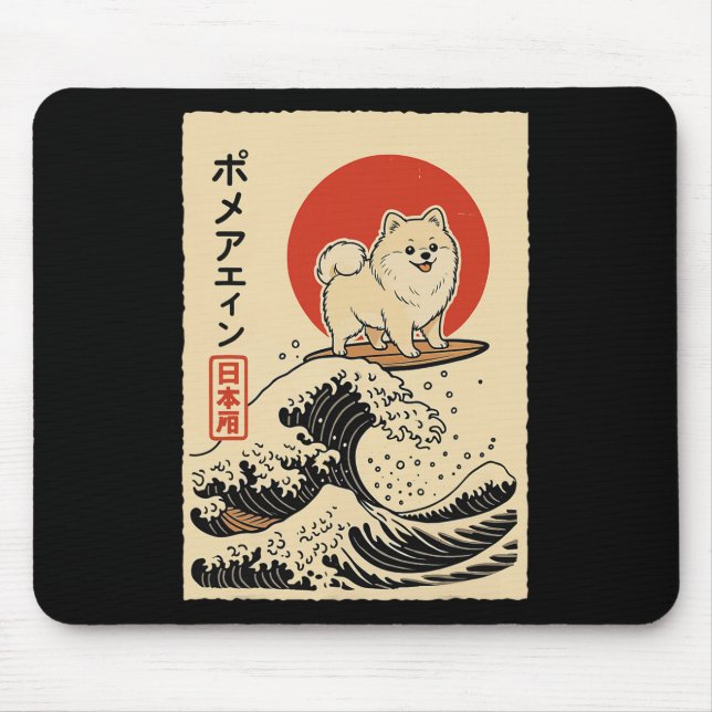 Mousepad Pomerânia Surfando Onda Japonesa  (Frente)