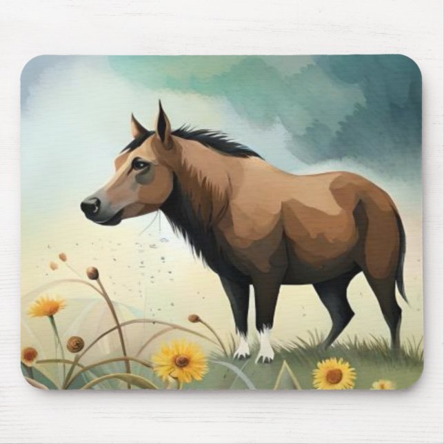 Mousepad Pônea castanho-branca no campo floral (Frente)