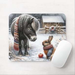 Mousepad Pônea de Natal e Coelhinho na Fazenda de inverno