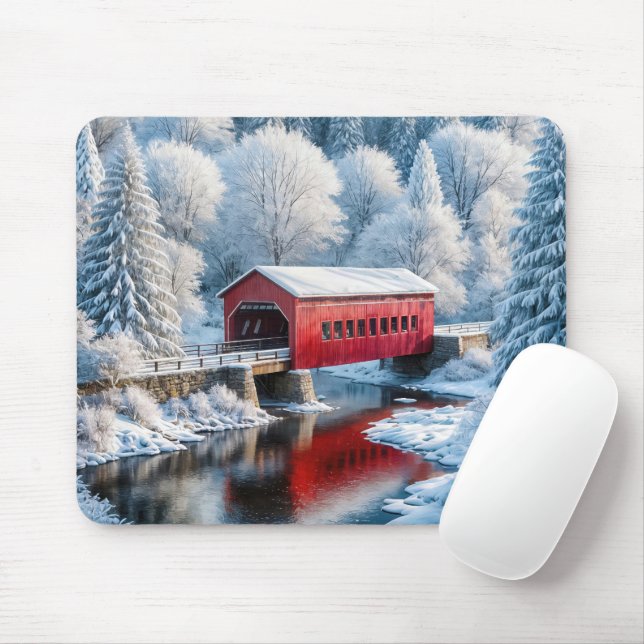 Mousepad Ponte Vermelha De Natal Cobrada Na Floresta De Inv (Com mouse)