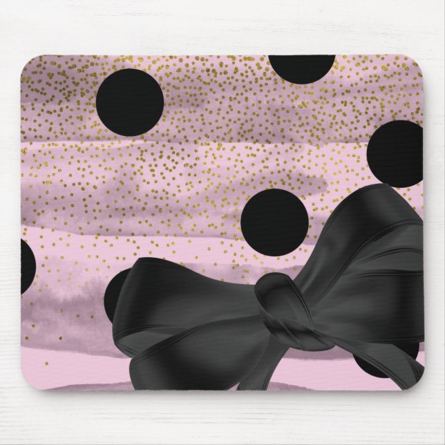 Mousepad Ponto Polka Dourado e Preto Chic Bow Tendência Gla (Frente)