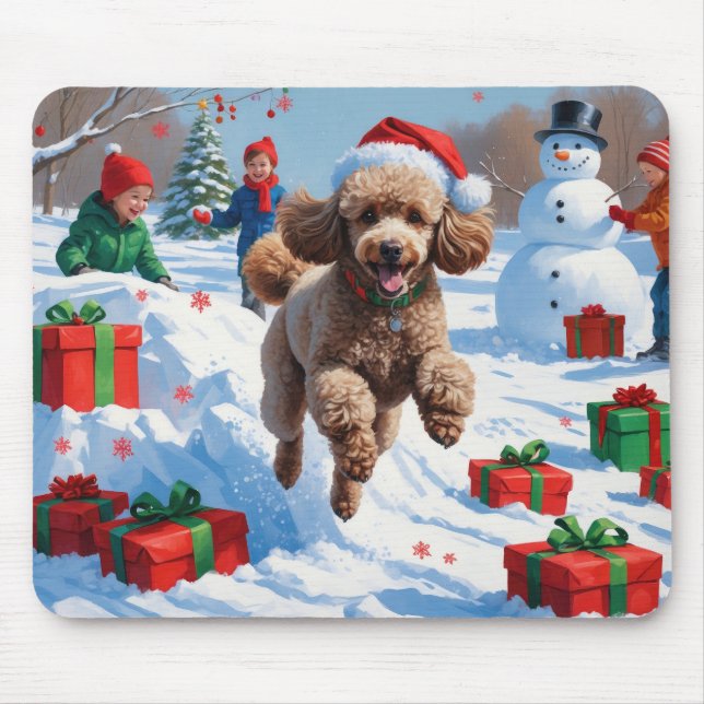 Mousepad Poodle Correndo na Neve com Chapéu de Natal (Frente)
