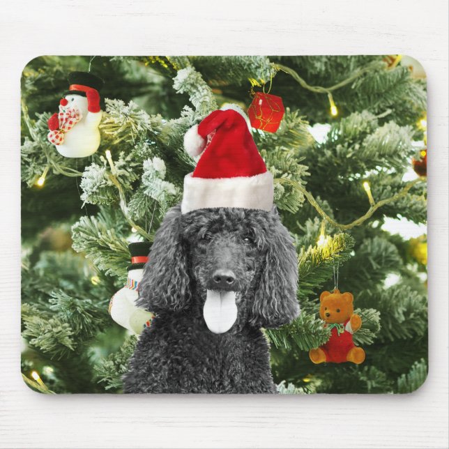 Mousepad Poodle Dog Árvore de Natal Snowman Red Santa Hat (Frente)