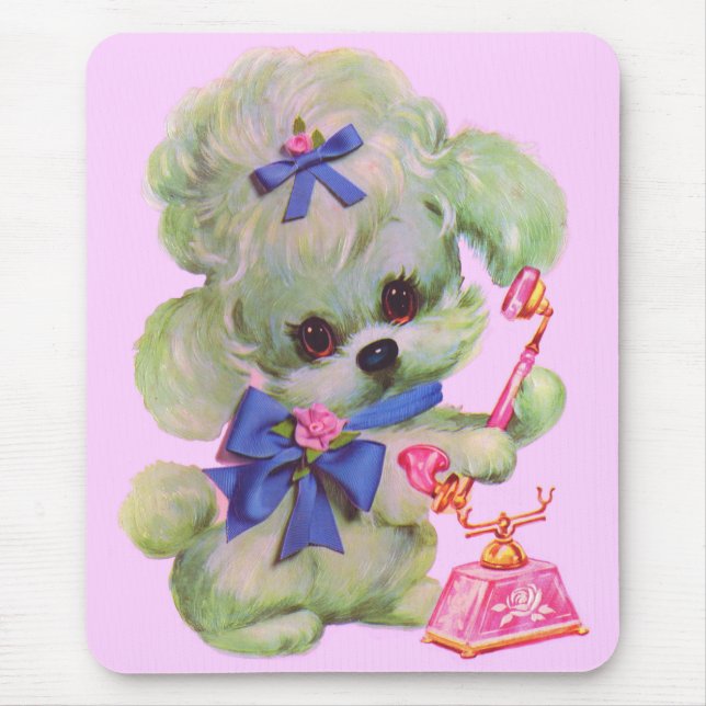 Mousepad poodle fofo com telefone rosa (Frente)