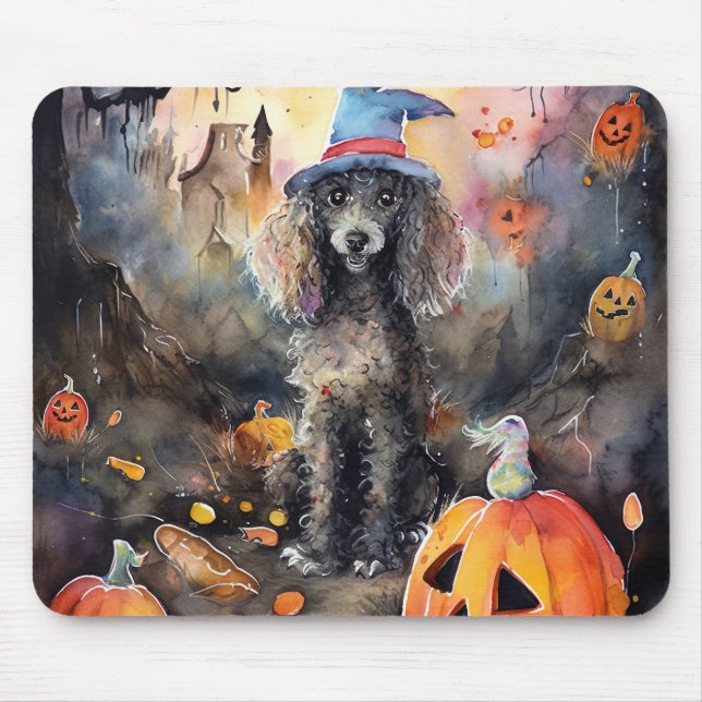 Mousepad Poodle Halloween Com Pumpkins Assustado (Frente)