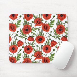 Mousepad Poppies, red and green on  white