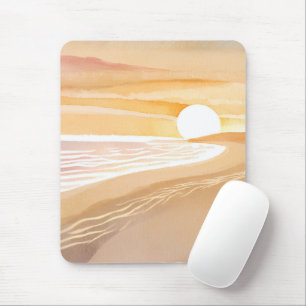 Mousepad Pôr do Sol na Praia em Aquarela   Oceano Amarelo L