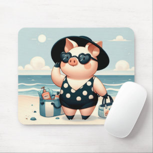 Mousepad Porco bonito em maiô de Bolinhas na praia