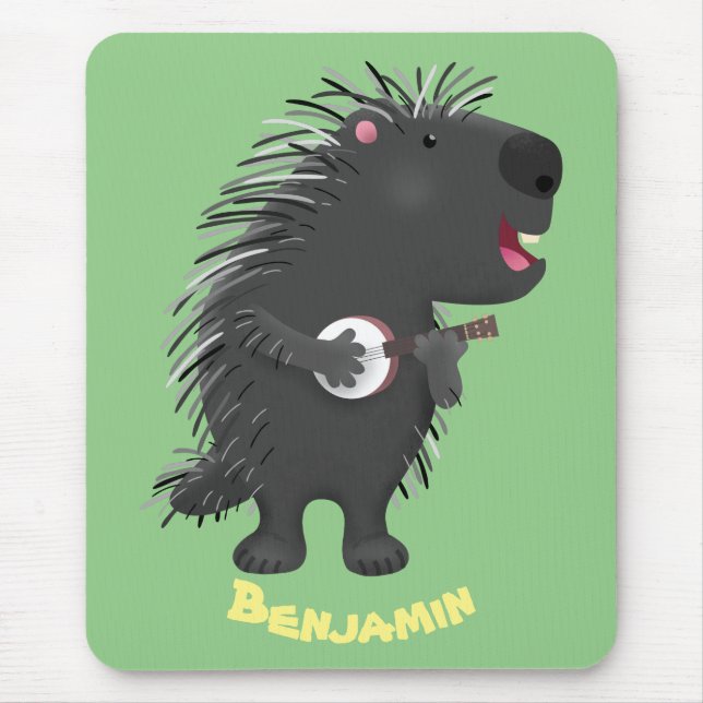 Mousepad Porcupine engraçado bonito tocando cartum banjo (Frente)