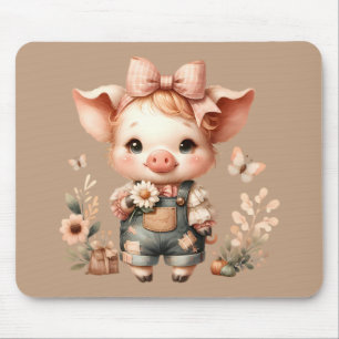Mousepad Porquinho Caprichoso em Jardineira Pastel Marrom