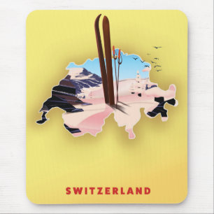 Mousepad Poster de viagens de Esqui do mapa de suiças.