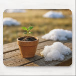 Mousepad Potted Green Plant with Melting Snow<br><div class="desc">A tiny green sapling is growing in a clay pot,  accompanied by a pile of melting snow on a wooden table</div>