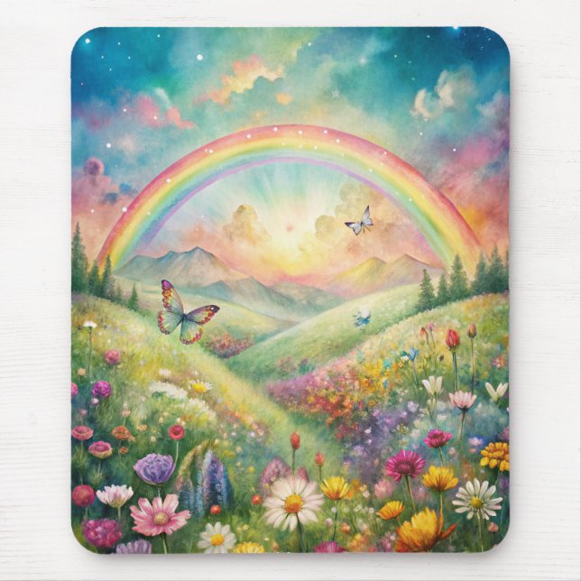 Mousepad Prado com Flores e Borboletas e Arco-íris (Frente)