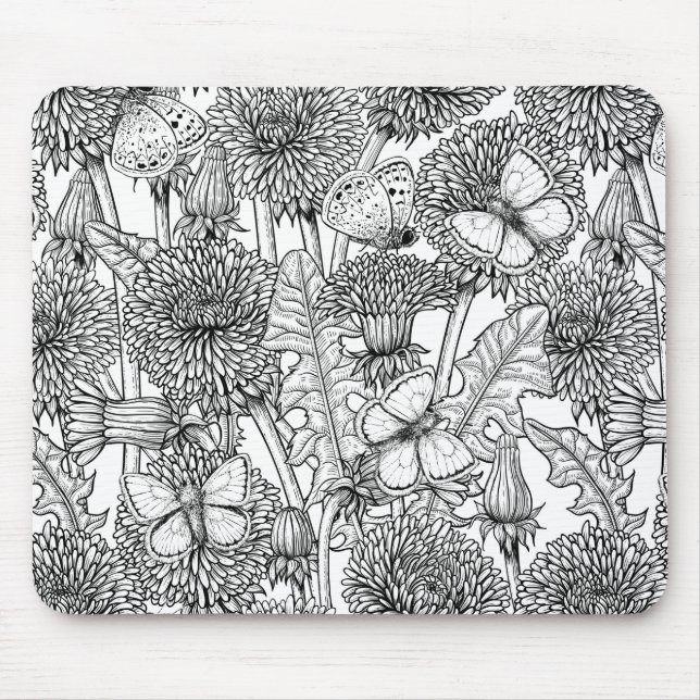 Mousepad Prado de dandelion em preto e branco (Frente)