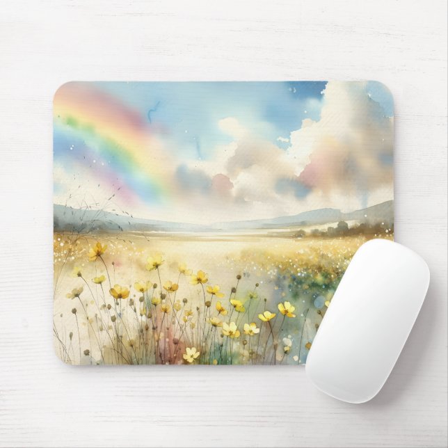 Mousepad Prado de flor selvagem com arco-íris (Com mouse)