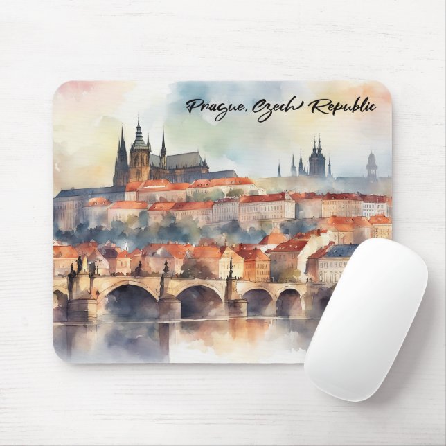 Mousepad Praga República Checa Watercolor Panorama View (Com mouse)