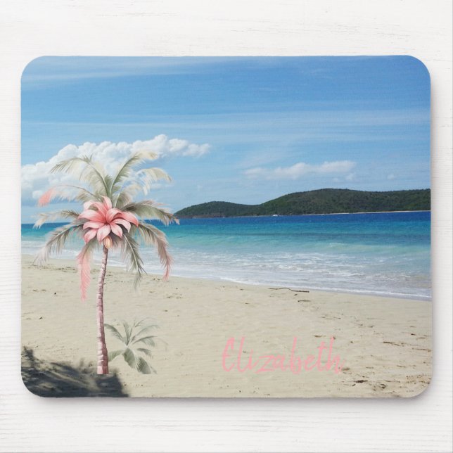 Mousepad Praia Tropical,Areia,Palmeira,Flor (Frente)