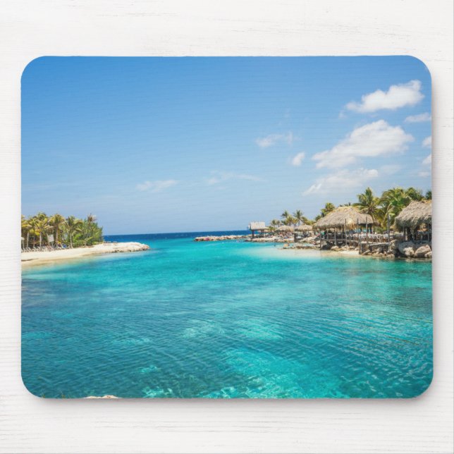 Mousepad Praia Tropical Azul Gemida com Huts Atchados (Frente)