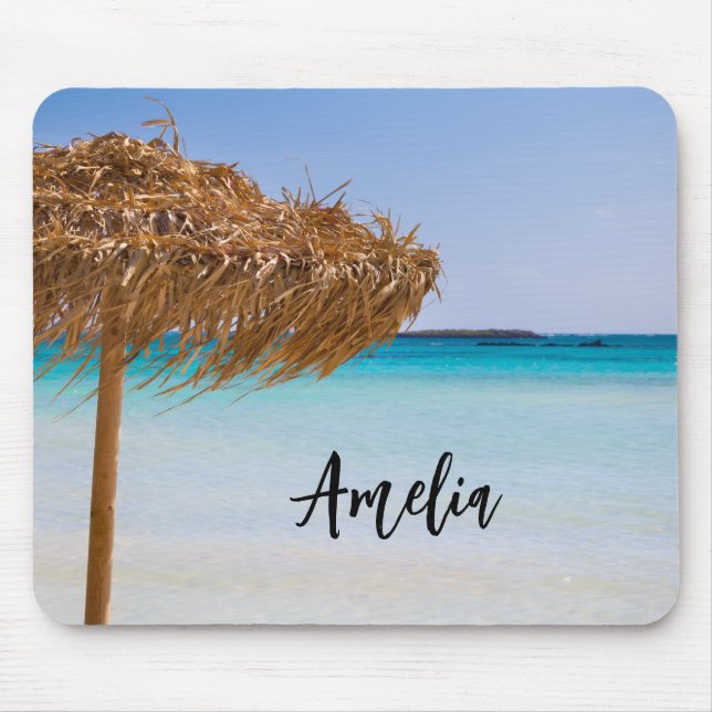 Mousepad Praia Tropical Cênica com Guarda-Sol de Palha (Frente)
