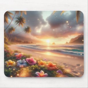Mousepad Praia Tropical Encantada com Hibisco Mágico