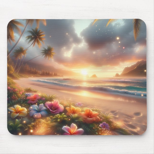 Mousepad Praia Tropical Encantada com Hibiscus Mágico (Frente)