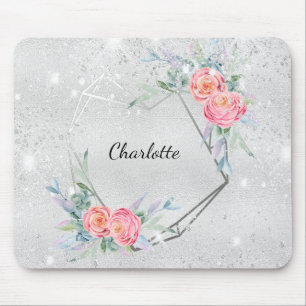 Mousepad Prata cor-de-rosa floral cintilação nome do pó