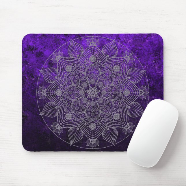 Mousepad Prata Floral Elegante e Mandala Roxo (Com mouse)