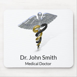 Mousepad Prata Médica Caduceus Preto Dourado - Bocal