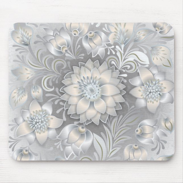 Mousepad Prata neutra floral do branco cinzento do chique (Frente)