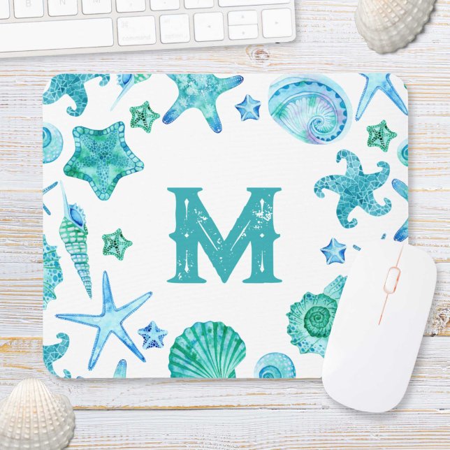 Mousepad Prateleiras do Mar Costeiro de Praia e Starfish Wa (Beach Coastal Sea Shells and Starfish Watercolor Mouse Pad)