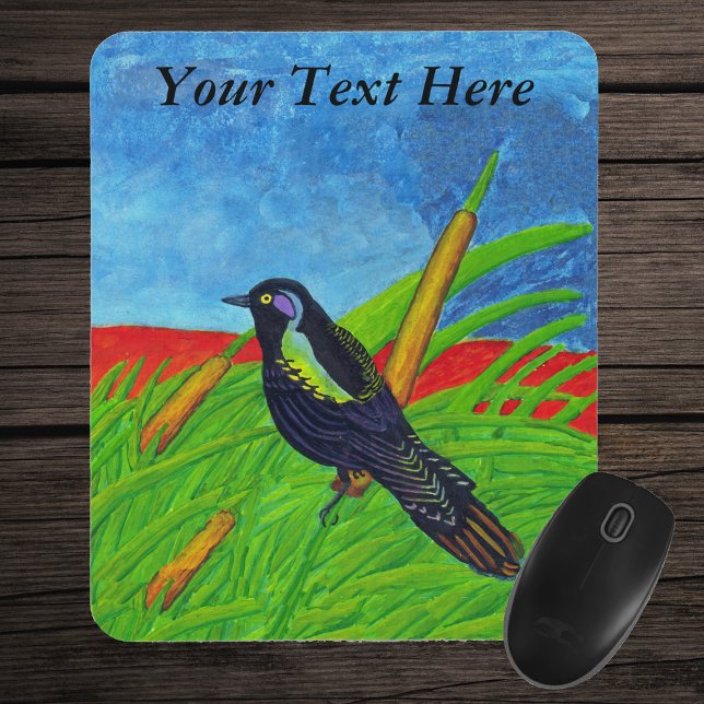 Mousepad Prato Negro Colorido (Colourful bird sitting in tall grass with yellow reed plants blue sky on mousepad.)