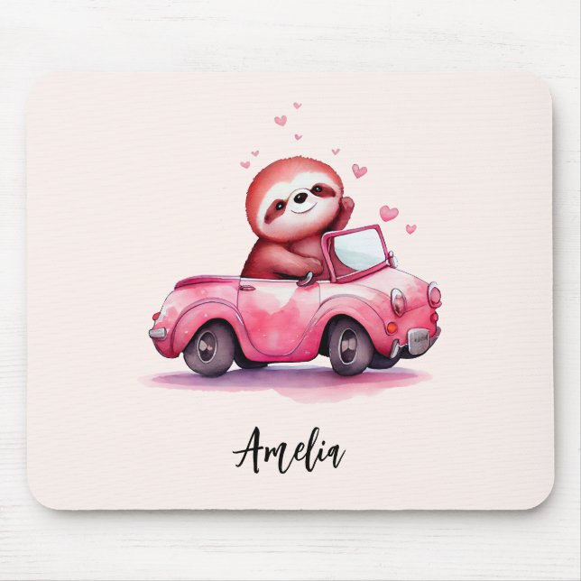 Mousepad Preguiça Fofa Dirigindo um Conversível Rosa (Frente)