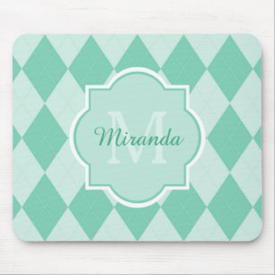 Mousepad Preppy Mint Green Argyle Girly Monograma e Nome