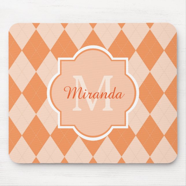 Mousepad Preppy Orange Argyle Girly Monograma e Nome (Frente)