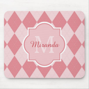 Mousepad Preppy Pink Argyle Girly Monographic Nome do Escri