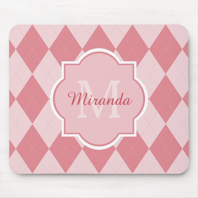 Mousepad Preppy Pink Argyle Girly Monographic Nome do Escri (Frente)