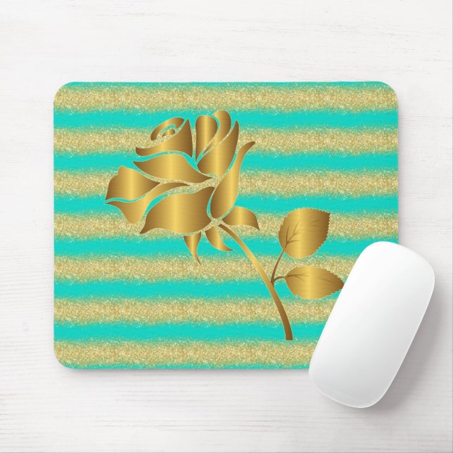 Mousepad Presente Dourada de brilho na turquesa floral popu (Com mouse)