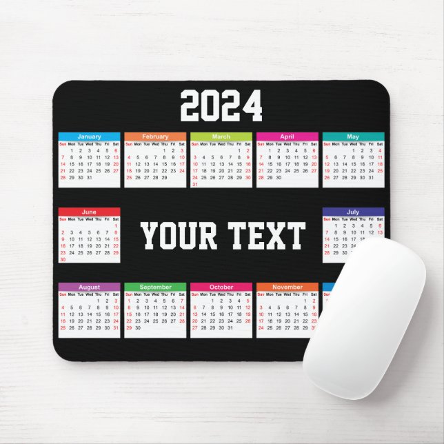Mousepad Preto branco do calendário 2024 Personalizável (Com mouse)