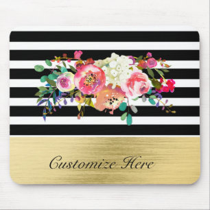Mousepad Preto Branco Dourado Moderno Floral Glam Elegante 