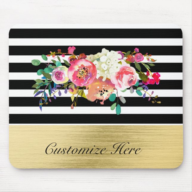 Mousepad Preto Branco Dourado Moderno Floral Glam Elegante  (Frente)