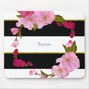 Mousepad Preto Branco e Dourado Moderno Floral Chic Glamour