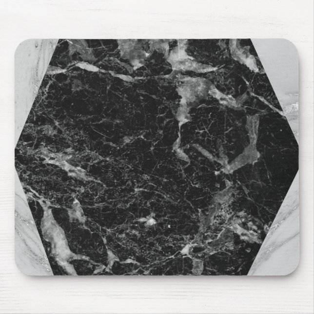 Mousepad Preto Branco e Mármore Prateado Moderno Glam (Frente)