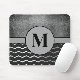 Mousepad Preto Chevron Glitter Monograma Inicial Prata
