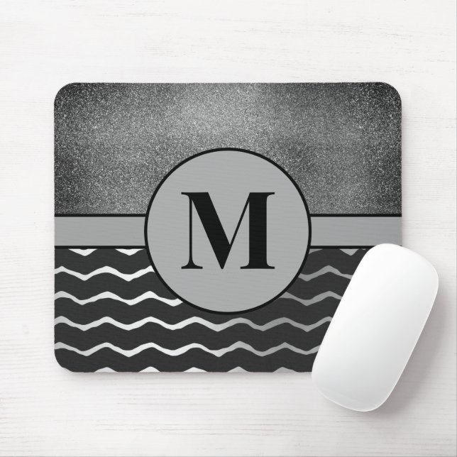 Mousepad Preto Chevron Glitter Monograma Inicial Prata (Com mouse)